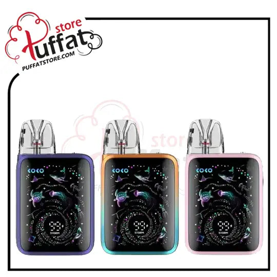 Three vaping devices with colorful displays on a white background, branded as Puffat Store.