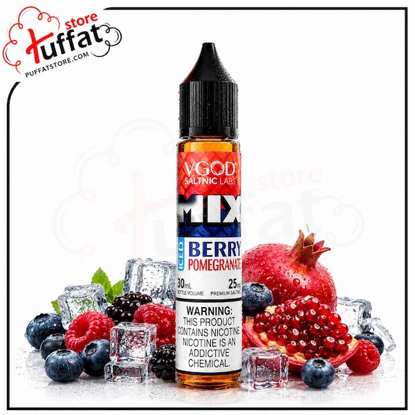 VGod e-liquid bottle with berries and ice cubes on a white background