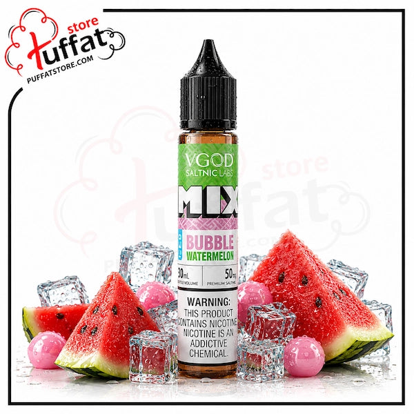 VGod e-liquid bottle with bubble watermelon flavor surrounded by watermelon slices and ice cubes, branded with Puffat.