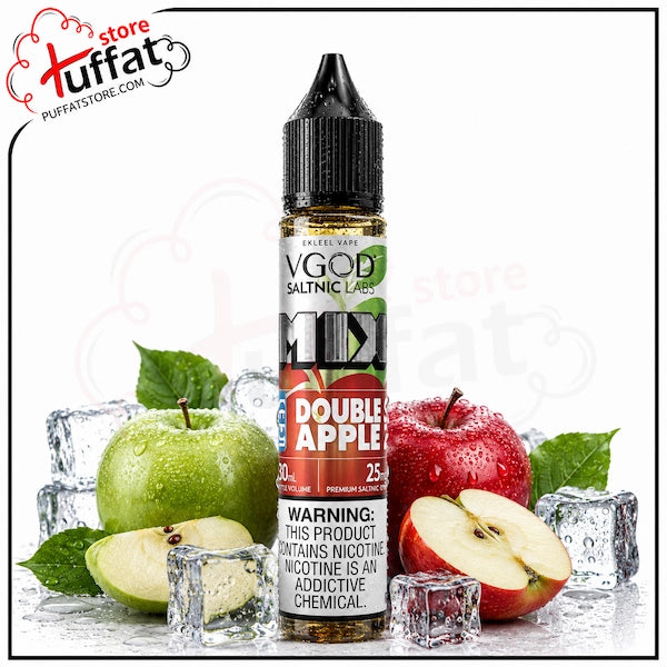 VGOD Salt Nic Labs Double Apple vape juice bottle with apples and ice cubes on a white background.