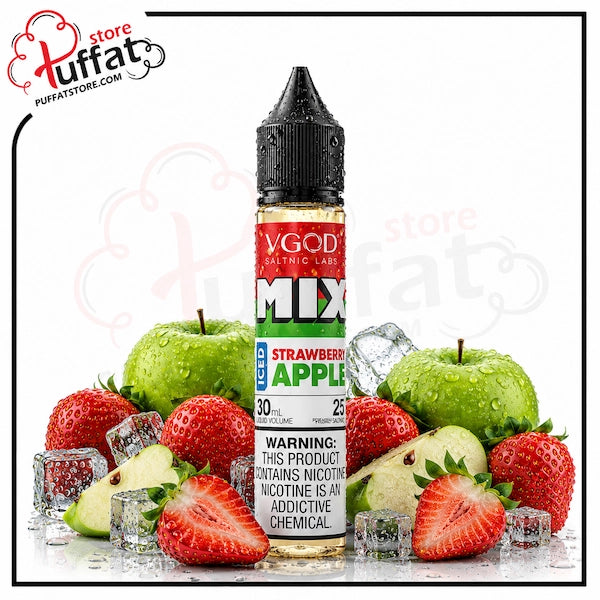Vape juice bottle with strawberry apple flavor surrounded by strawberries and apples on a white background.