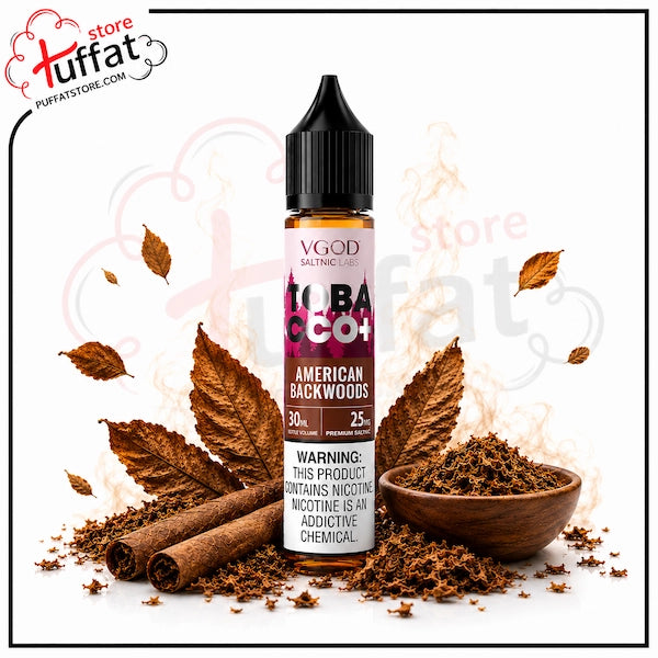Vape juice bottle with tobacco flavor packaging, surrounded by tobacco leaves and wood chips on a white background.