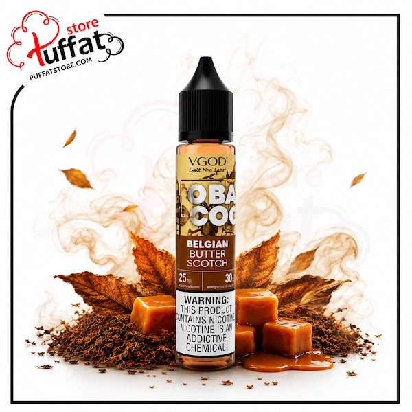 VGOD Tobacco+ Belgian Butter Scotch vape juice bottle with caramel candies and tobacco leaves on a white background.