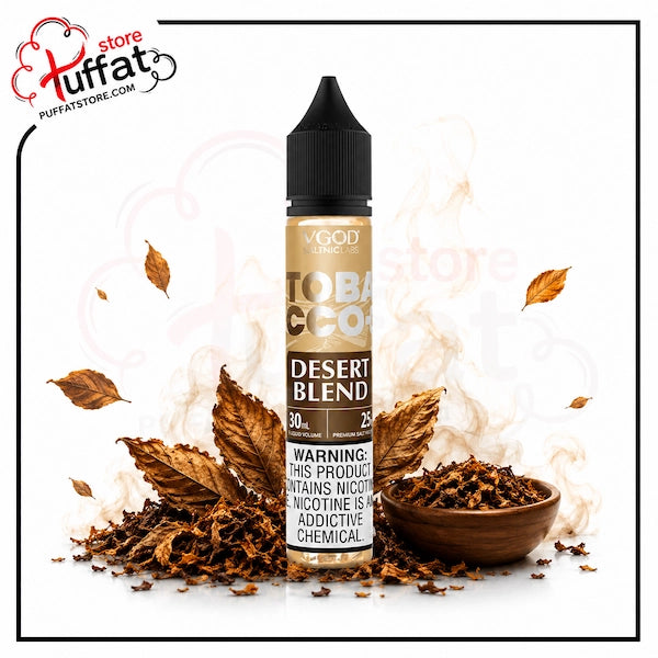 Vgod Liquid bottle labeled 'Desert Blend' surrounded by tobacco leaves and a bowl of tobacco on a white background.