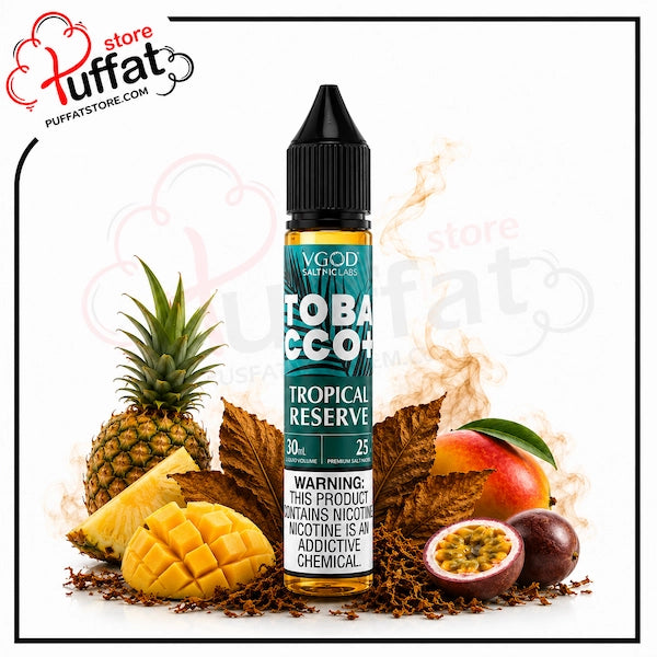 Vape juice bottle with tropical fruits on a white background, featuring the brand 'Puffat'.