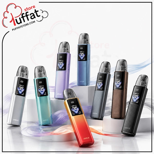 A group of JABLES disposable vape devices in various colors (silver, teal, lavender, blue, orange-red gradient, dark gray, brown, and black) arranged on white display pedestals against a white background with abstract blue and orange swirls. The JABLES brand logo is visible on the devices, and a 'store puffat' watermark is in the top left corner.