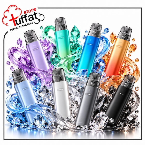 Six disposable vape devices in assorted colors (purple, green, blue, orange, light blue, silver, gray, black) arranged in a dynamic splash of clear liquid and ice crystals. The Puffat logo is visible in the top left corner.