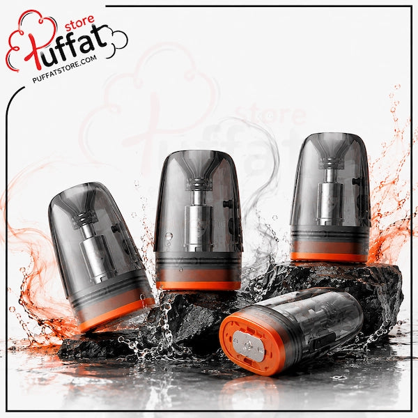 Three translucent smoky vape pods with bright orange accents are arranged on wet rocks with water splashes against a white background. A Puffat store logo is visible in the top left corner.