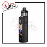 Black vape device with digital display on a white background, featuring the Puffat logo.