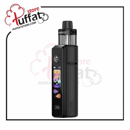 Black vape device with digital display on a white background, featuring the Puffat logo.