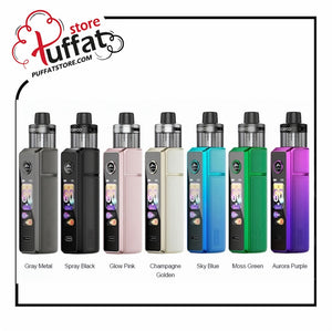 Vaping device in various colors with Puffat store branding.