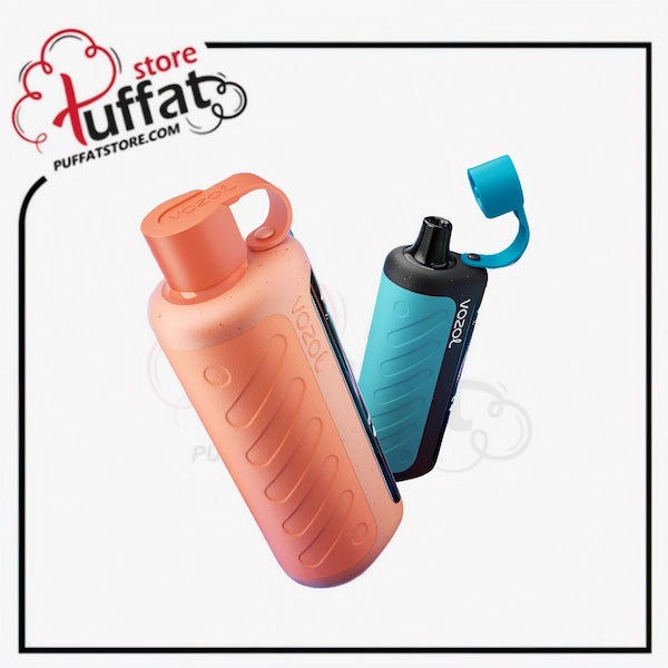 Two VooPoo devices, one orange and one blue, on a white background with 'Puffat' branding.