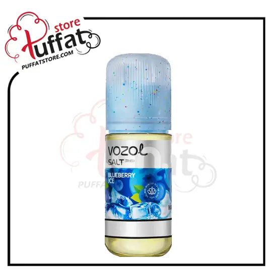 Vozol Blueberry Ice vape juice bottle with blue cap on a white background, branded with Puffat store.