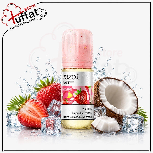 A bottle of Vozol Salt e-liquid in the Umaree flavor, styled with fresh strawberries, a halved coconut, and ice cubes on a white background with a water splash effect. A 'store pufffat PUFFFATSTORE.