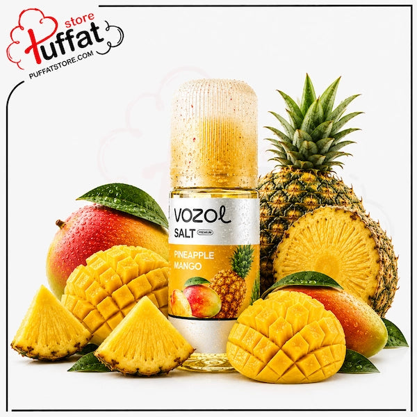A bottle of Vozol Salt e-liquid in Pineapple Mango flavor, surrounded by fresh pineapple and mango fruits on a white background with a Puffat store logo in the top-left corner.