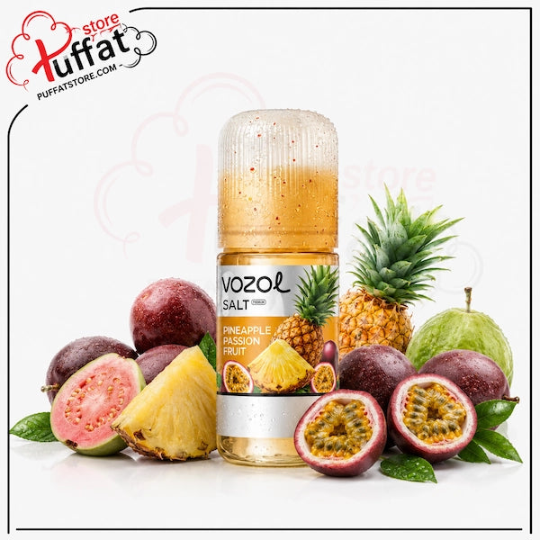A bottle of Vozol Salt e-liquid in Pineapple Passion Fruit flavor, surrounded by fresh pineapple, guava, and passion fruit slices on a white background with a Puffat store logo in the top-left corner.