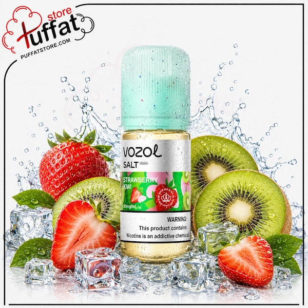 Vozel Salt Strawberry Mint e-liquid bottle centered on a white background with water splashes, ice cubes, strawberries, and kiwi slices around it. The bottle has a mint cap and a white label with fruit graphics.
