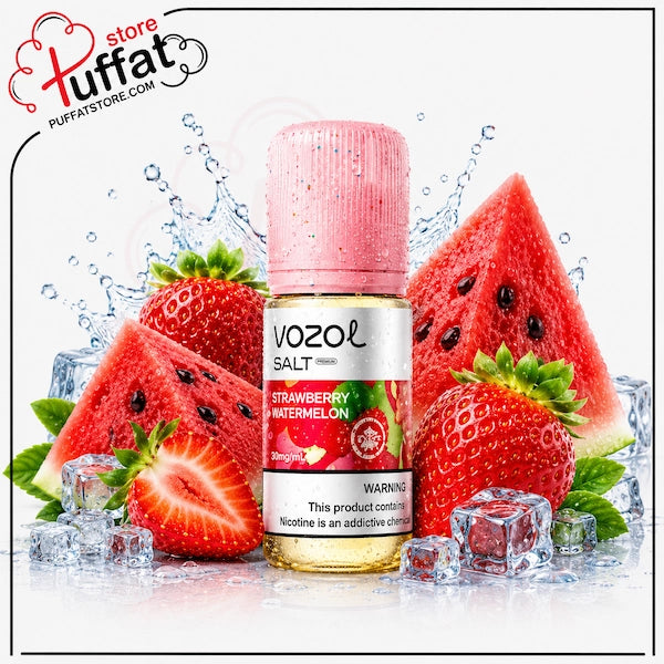 Vozol Salt Strawberry Watermelon e-liquid bottle centered on a white background, surrounded by fresh strawberries, watermelon slices, ice cubes, and water splashes. The bottle has a pink cap and a white label with red and green fruit graphics.