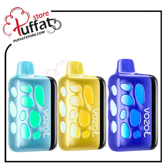 Three colorful Vozol devices with a Tuffat store logo above them.