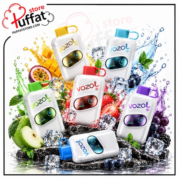 Six Vozol mouth freshener spray bottles in different fruit and berry flavors, arranged in a dynamic splash composition with ice cubes, water droplets, and fresh fruits like strawberries, blueberries, green apples, and passion fruit on a white background. The Puffat store logo is visible in the top left corner.