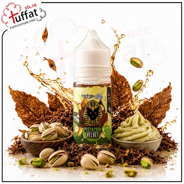 Pistachio-flavored e-liquid bottle with pistachios and tobacco leaves on a white background
