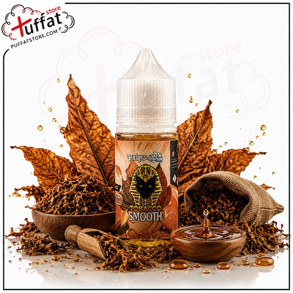 puffat tobacco smooth e-liquid packaging with tobacco leaves and accessories on a white background