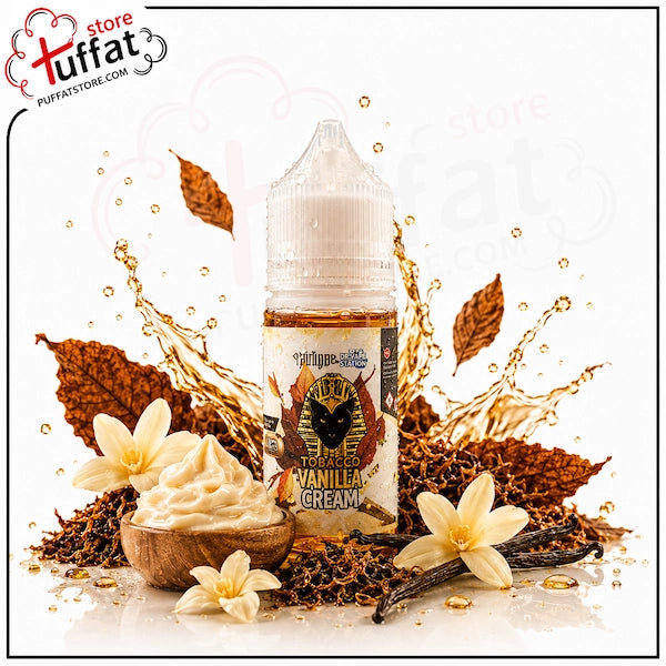 Vanilla cream-flavored vape juice bottle with vanilla flowers and spices on a white background