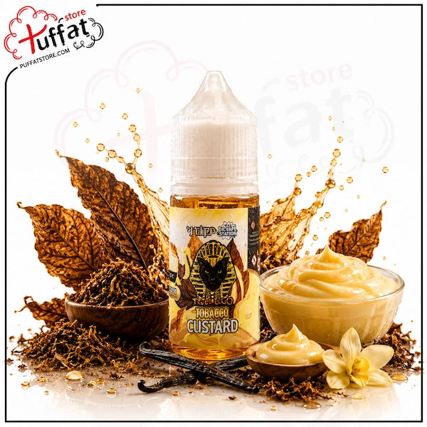 Tobacco Custard vape juice bottle with vanilla custard, vanilla bean, and tobacco leaves on a white background.