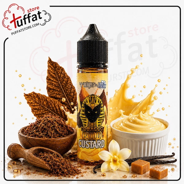 puffat custard vape juice bottle with vanilla elements on a white background
