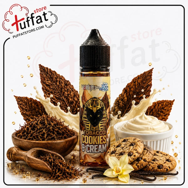 puffat Tobacco Cookies & Cream vape juice bottle with cookies, cream, and vanilla elements on a decorative background.