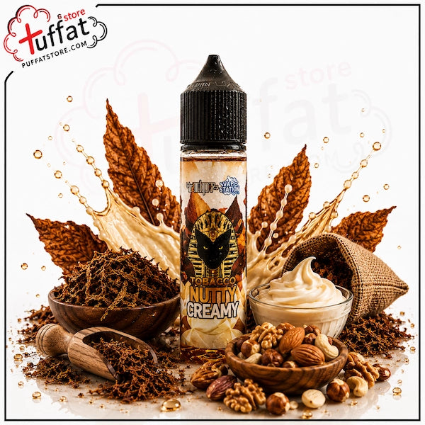 Vape juice bottle with 'Nutty Creamy' flavor surrounded by nuts, cream, and tobacco leaves on a white background.