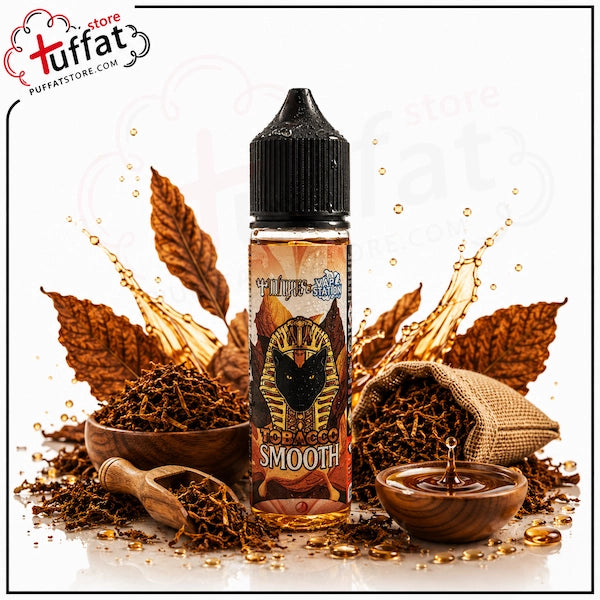 puffat Smooth tobacco-flavored e-liquid bottle with tobacco leaves and accessories on a white background