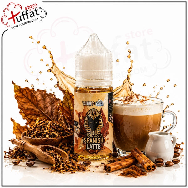 puffat Spanish Latte vape juice bottle with coffee and spices on a white background