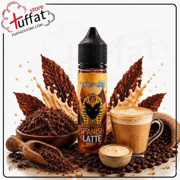 puffat Tobacco Spanish Latte vape juice bottle with coffee-themed elements on a white background