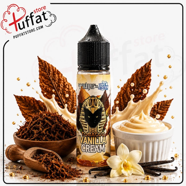 Vanilla cream vape juice bottle with vanilla flowers, leaves, and cream on a light background