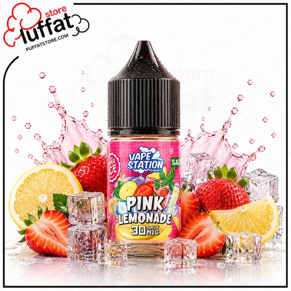 Vape Station Pink Lemonade Super Ice Salt 30ml.webp shows a Vape Station Pink Lemonade Super Ice SaltNic vape juice bottle with a black cap, surrounded by whole and halved fresh strawberries, lemon slices, numerous clear ice cubes scattered around the base, and dynamic pink liquid splashes on a white background featuring a "Puffat Store" logo in the top-left corner.