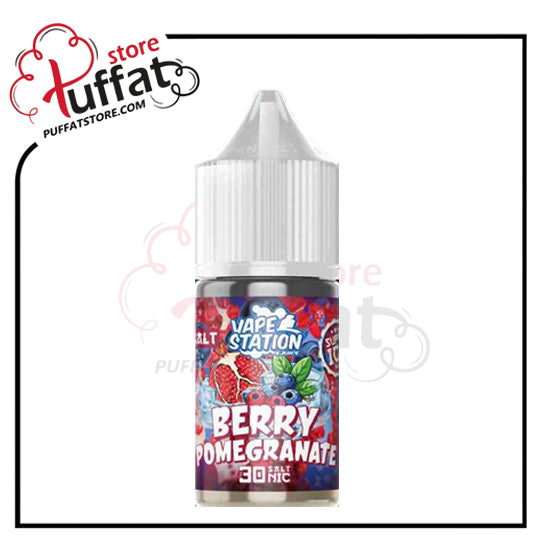 Vape station berry pomegranate e-liquid bottle with colorful label on a white background