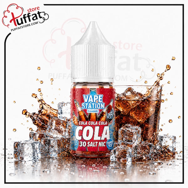 Vape Station Cola vape juice bottle with cola splashing out and ice cubes on a white background.
