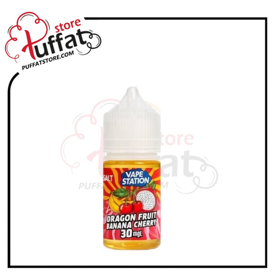 Vape juice bottle with colorful label featuring dragon fruit, banana, and cherry on a white background.