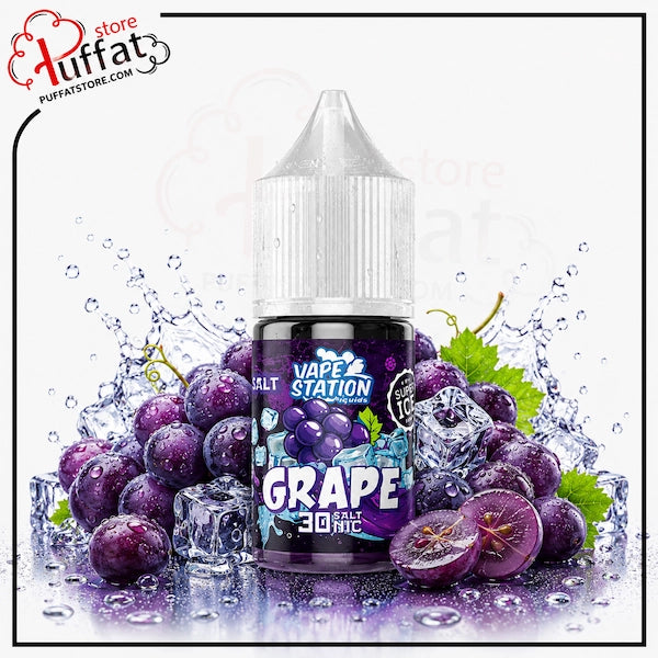 Vape Station Grape flavor bottle with grapes and ice cubes on a white background