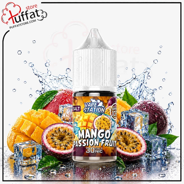 Vape juice bottle with mango and passion fruit flavor surrounded by fruits and ice cubes on a white background.