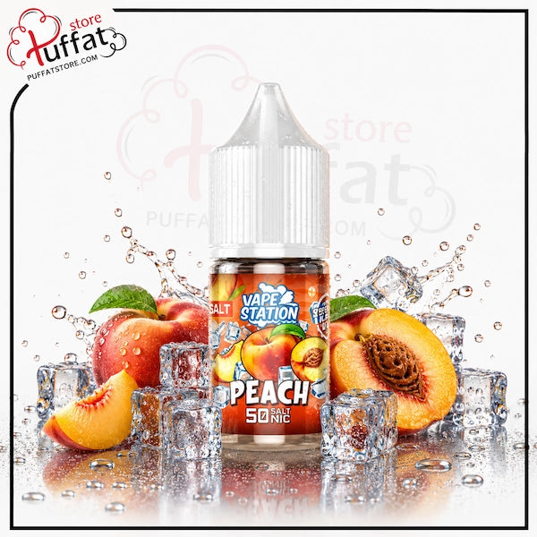 Vape juice bottle with peach flavor surrounded by peaches and ice cubes, featuring the Puffat brand.