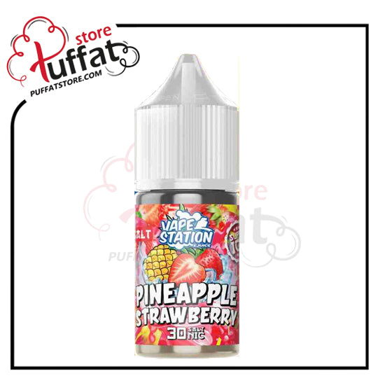 Vape station pineapple strawberry e-liquid bottle with Puffat store logo.