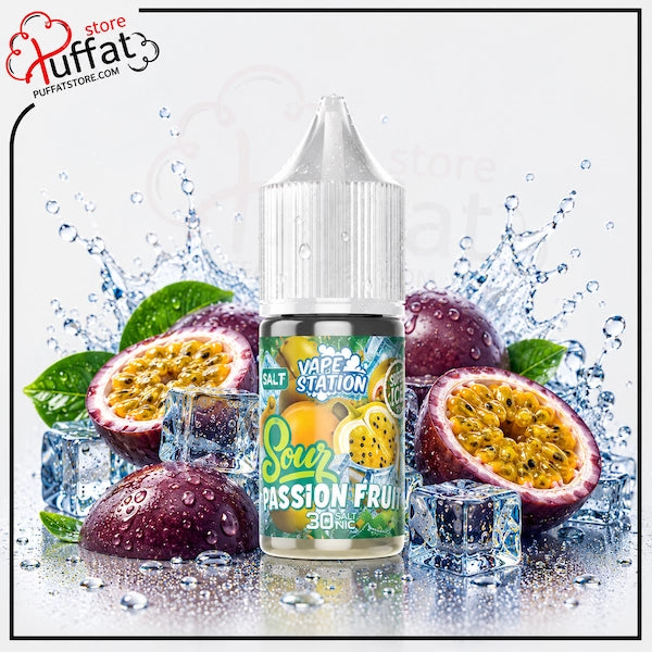 Vape station vape juice bottle with passion fruit flavor surrounded by sliced passion fruits and ice cubes.