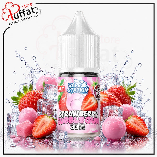 Vape Station Strawberry Bubble Gum vape juice bottle with strawberries and ice cubes on a white background
