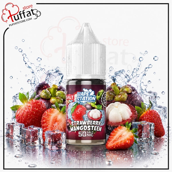 Vape juice bottle with strawberry and mangosteen flavor surrounded by fruits and ice cubes on a white background.