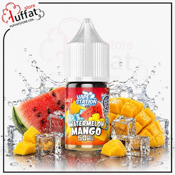 Vape juice bottle with watermelon and mango elements on a white background