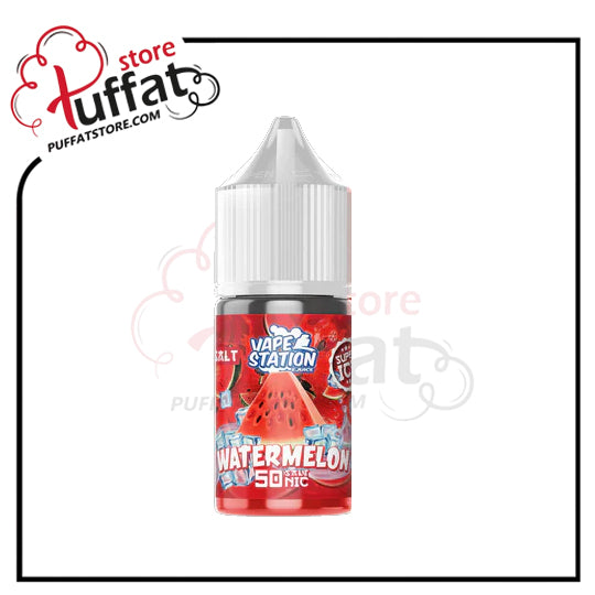 Vape station watermelon flavor e-liquid bottle with Tuffat store logo.