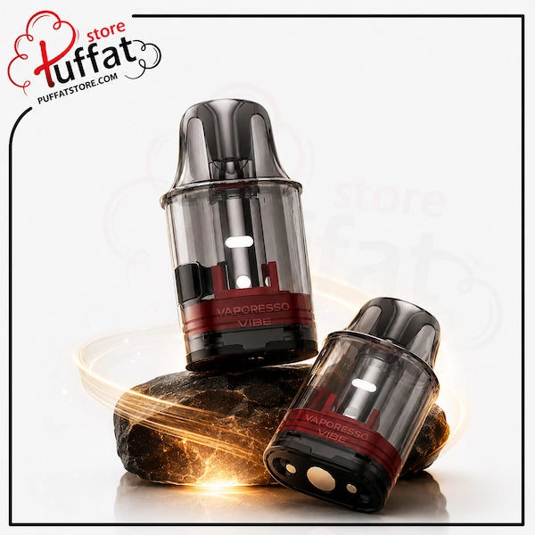 Two Vaporesso Vibe vape pods with black and translucent gray bodies and red accents, displayed on a dark rock prop against a white background with a Luffat store logo in the top left.