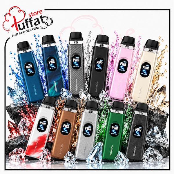 Eight disposable vape devices in assorted colors are arranged in two rows against a white background with graphic splash effects and crystals. The top-left corner shows the Puffat store logo and URL.